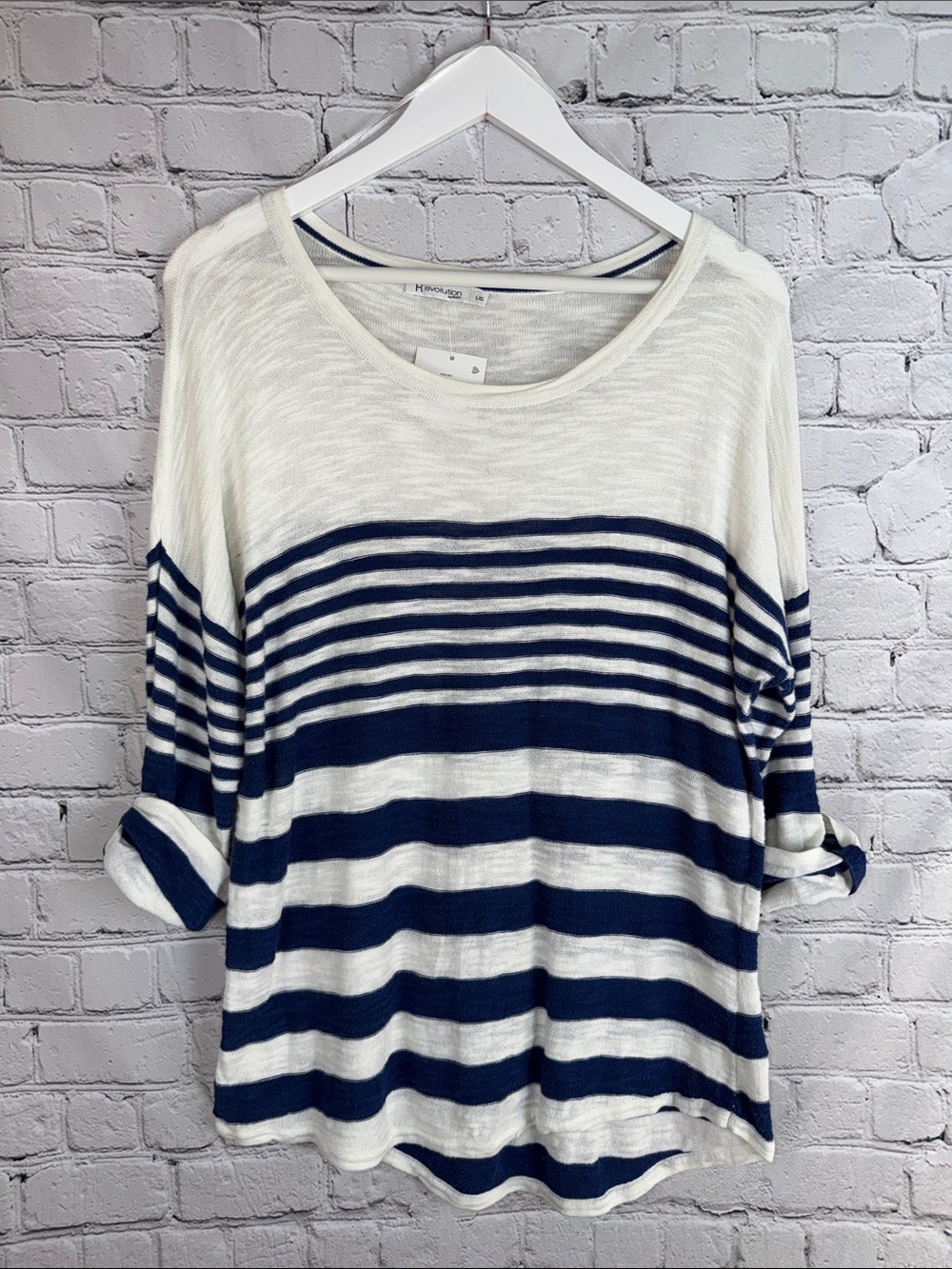 REVOLUTION Striped Navy and White Lightweight Knit Top L